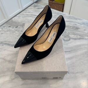 Jimmy Choo black suede and patent leather heels